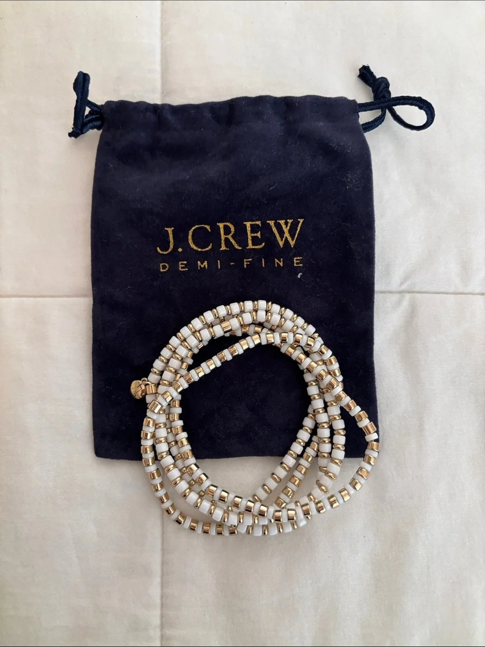J. Crew White and Gold Multi-Wrap Beaded Bracelet